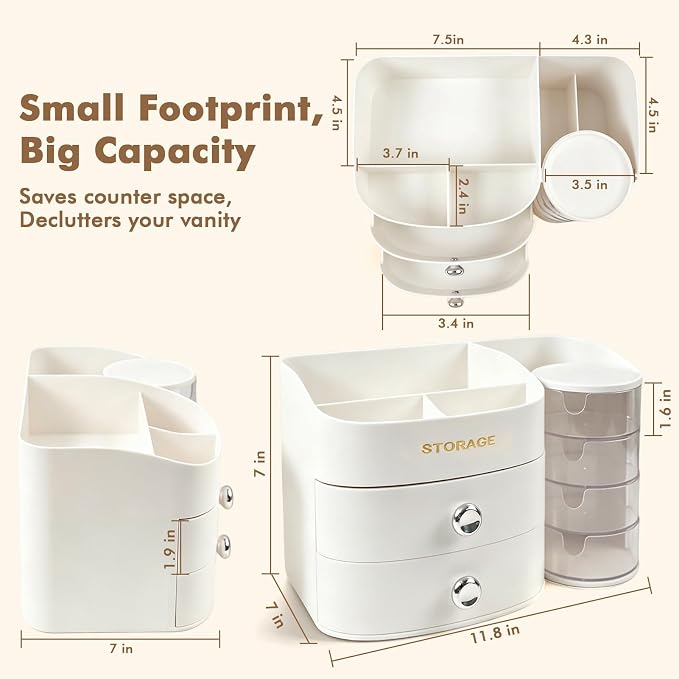 Makeup Organizer Countertop, Make Up Organizer for Vanity | Skincare & Cosmetic Organizers with Drawers, Bathroom Storage for Brush Holder|Lipstick|Jewelry, Ideal Gift for Women, White