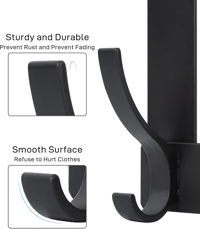 Optish Over The Door Hooks, Door Hanger Hooks for Hanging, Over The Doors Towel Racks for Bathroom with 12 Coat Hook, Coat Rack Bathroom Accessories（2 Pack, Black）
