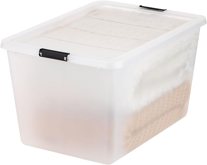 IRIS USA 4-Pack 55 Quart Clip Box with Latching Lid | Latching lid secures office and household supplies. Stackable, nestable design maximizes storage space