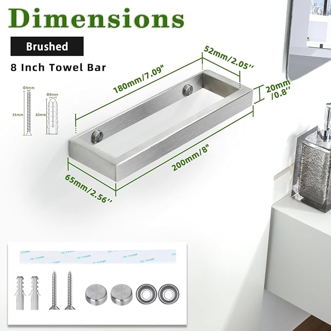 Alise 8'' Hand Towel Holder Towel Bar Wall Mount,Brushed Nickel,Pack of 2 | Self Adhesive Towel Rack for Bathroom Lavatory,Bathroom Towel Hanger,SUS304 Stainless Steel Towel Rail
