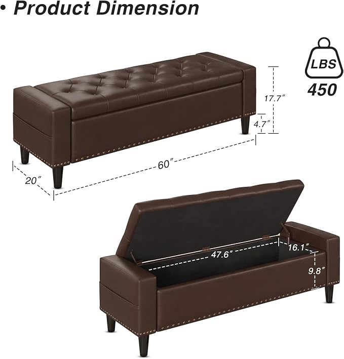 60" Storage Ottoman Bench, Faux Leather Upholstered Bed Bench with Tufted Buttons and Nailhead Trim, Large Ottoman with Storage for King Size End of Bed, Bedroom, Entryway, Hallway (Chocolate)