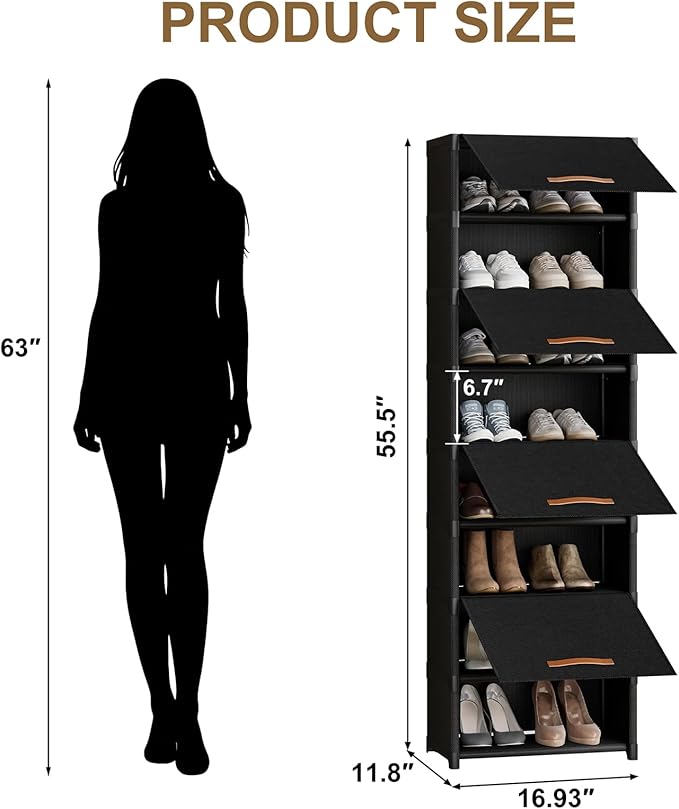 9 Tier Shoe Cabinet with Door, 18-Pair Rack for Closet Black | Non-woven & metal frame, stable. Door blocks dust & pets. DIY split for spaces. Easy assembly.