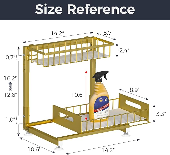 2-Pack L-Shaped Under Sink Organizer, 2-Tier Pull-out Cabinet Rack | Gold Height-Adjustable Steel Rack, Sliding Grid Drawers with PP Liners, Holds 100 Lbs, Suction Base, Ideal Kitchen Storage