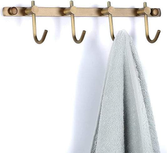 WINCASE Brass Towel Hook Rack, Brushed Brass Wall Hook Rack, Antique Brass Row Hooks with 4 Hooks Rustic Wall Mounted