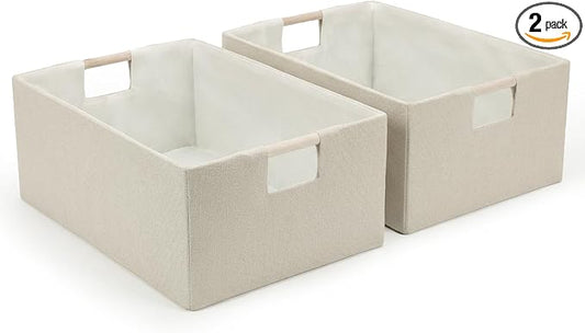 Foldable Fabric Storage Baskets Set of 2 for Shelves, Linen Decorative Storage Bins with Wooden Handles, Small Organizer Cubes for Closet, Rectangle Canvas Boxes for Organizing, Decor (Beige 2 Pack)