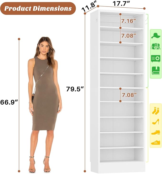 Aheaplus Tall Shoe Cabinet, 10 Tiers Narrow Wood Shoe Rack, Shoe Storage Organizer with Open Storage, Vertical Shoe Shelf Tower for 20-22 Pairs, Space Saving, for Closet, Entryway, Bedroom, White