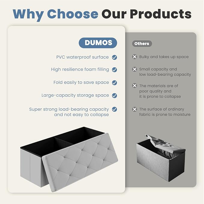 DUMOS 43 Inch Folding Ottoman with Storage Bench, Foot Rest Stool Ottoman | Upholstered End of Bed Storage Bench, Storage Ottoman Loads 660 Lbs for Bedroom, Living Room, Synthetic Leather, Grey