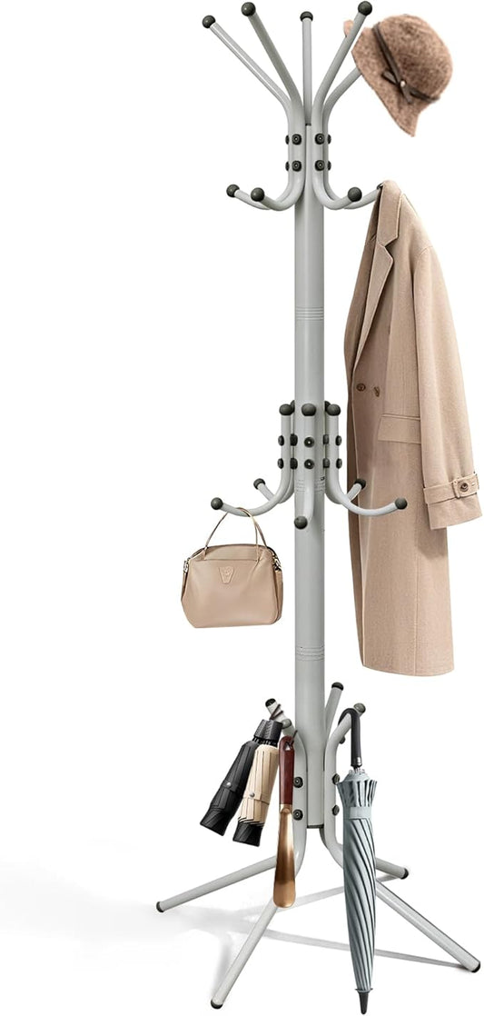 Metal Coat Rack, Freestanding Coat Tree & Hall Tree with 15 Hooks, Sturdy Coat Rack Stand and Hat Rack, Coat Hanger for Entryway, Bedroom, Office for Jackets, Hats, Bags, Grey