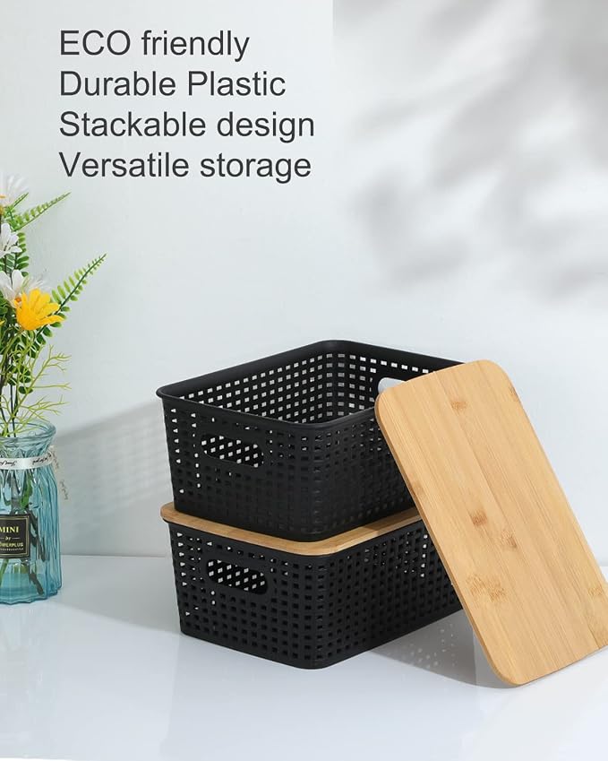 AREYZIN Storage Bins with Bamboo Lids Set of 6 Lidded Storage Container Plastic Baskets Organizer Bins for Organizing Kithen Room Bedroom Office Closet, Sturdy(Black)