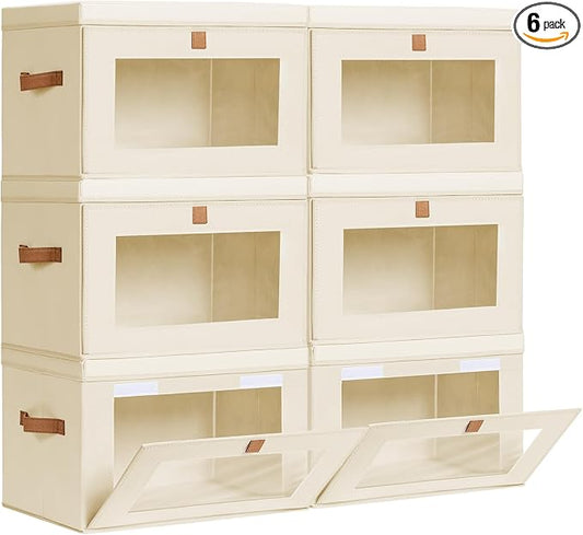 Homsorout Large Closet Storage Bins - Collapsible Clothing Organizer with Handles & Window, Decorative Bin with Lids, Linen Closet Organizers for Living Room, Dorm, 6 Pack, Beige