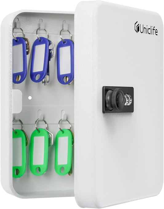 Uniclife 20 Position Key Cabinet with Combination Lock Resettable White Digital Security Storage Box Steel Key Organizer with Colorful Key Tag Labels Stickers and Hooks