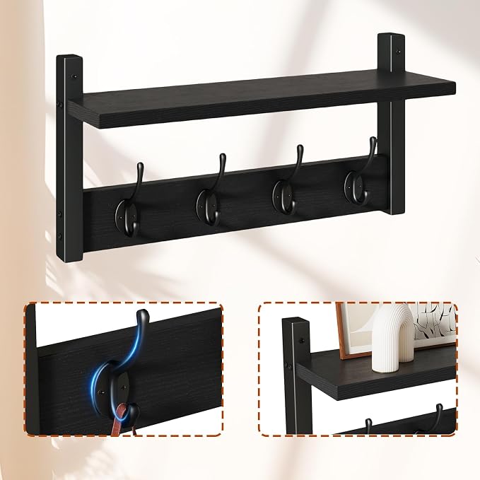 YMYNY Coat Rack Wall Mount with Shelf and Hooks, Black UHWS001B-2 | 2 Pack Wooden Wall Mounted Coat Hanger with Shelf and 8 Double Hooks, Wall Coat Rack for Entryway Hallway Bedroom Bathroom
