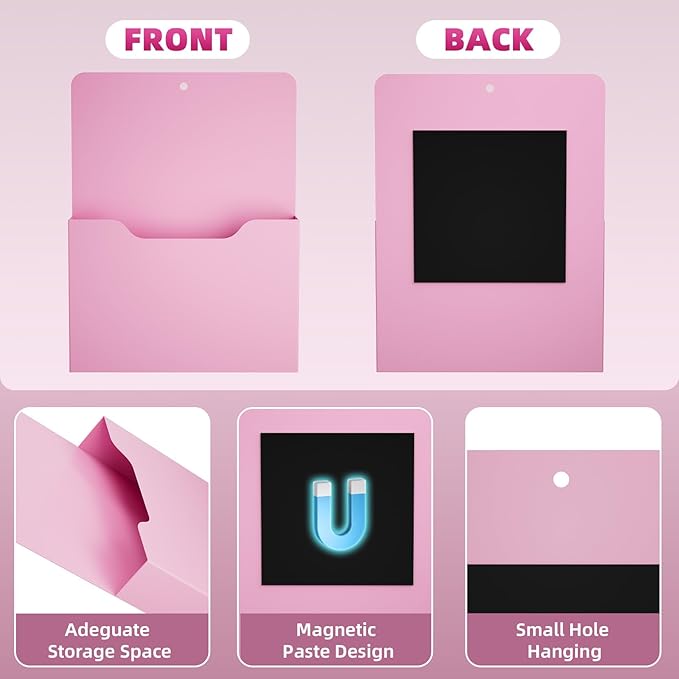 Marbrasse 2 Pack Magnetic File Holder - Paper Holder, Pocket Organizer,Hanging Wall File Organizer Office Supplies Storage, Magazine Mail Organizer Case for Notebooks,Planners,Letter (Pink)