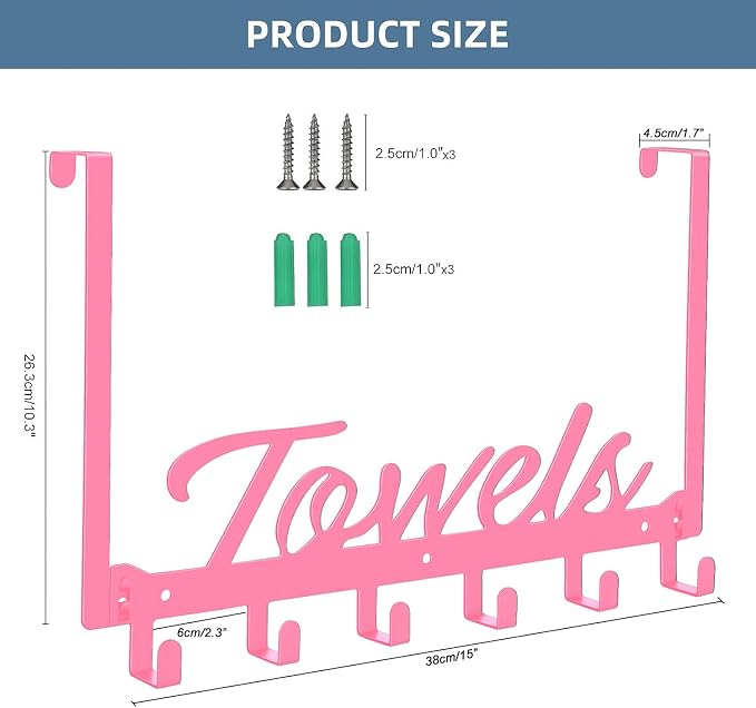 Azmoncy Over The Door Hooks, Towel Rack for Bathroom Door Rack for Hanging Heavy Duty, Door Hanger with 6 Hooks for Bedroom Bathroom Kitchen Bag, Coats, Hats(Pink)