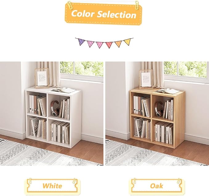 NELYE 4 Cube Organizer Bookcase White Open Shelf | Suitable for 11-inch Fabric Storage Bins, Simple Compartments Bookshelf, Holds 20 Lbs per Cube