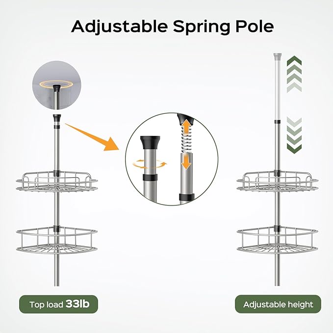 HAMITOR Corner Shower Caddy Tension Pole: 4-Tier Rust-Resistant Adjustable Bathroom Organizer Shelves - 47.72-123.6 Inch No-Drill Quick Install - Space-Saving Storage for Renters Family - Silver Gray