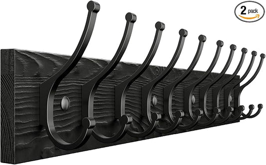 Optish 2 Pack Wooden Coat Rack Wall Mount, 16.1" Rustic Coat Hanger Hooks Wall Mount, Wall Coat Rack for Hat, Clothes, Bags, Jacket - Black