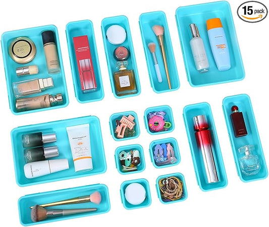 Kutesna 15PCS Interlocking Drawer Organizer, Plastic Desk Organizer Set | 3-Size Versatile Storage Bins,BPA-free,Non-slip, Fits Any Drawer for Cosmetics,Bathroom, Tools,Kitchen and Office（Blue&Green）