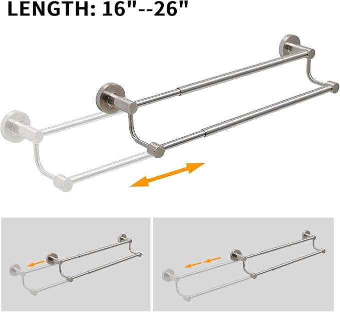 BESy Double Towel Bar Towel Rack for Bathroom Wall Mounted Brushed Nickel | Adjustable 16-26 In,Wall Mounted Towel Holder, Stainless Steel, Rustproof, Towel Bar Rod Hanger Hardware Accessories Hotel