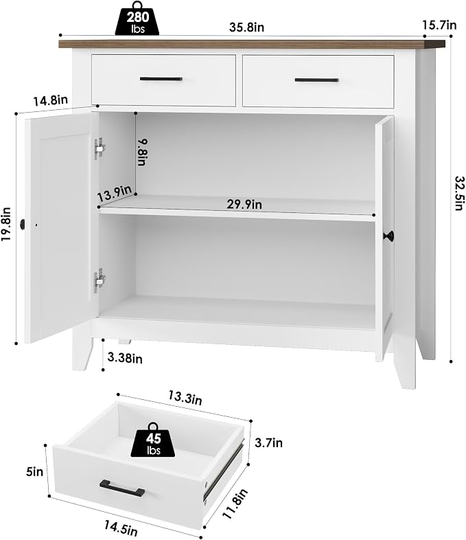 HORSTORS Farmhouse Kitchen Storage Cabinet, Small Buffet, Coffee Bar, White | Buffet Sideboard with 2 Drawers & 2 Doors, 35.8"W Coffee Table, Sapce-saving Kitchen Cabinet for Dining Living Room, Entryway