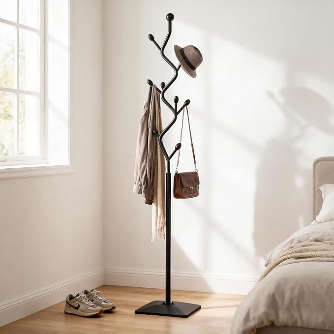 Tree-shaped coat rack stand,Metal coat tree with 8 Hooks and sturdy cast iron base,Heavy Duty coat rack freestanding coat hanger stand for Clothes Hats Scarfs Purses (black)