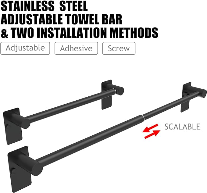 Adjustable Towel Bar, 16.7inch to 28.5inch Towel Racks for Bathroom, Self Adhesive Towel Rack Wall Mounted, 304 Stainless Steel Stick on Bathroom Towel Rod (Matte Black, 1 Pack)
