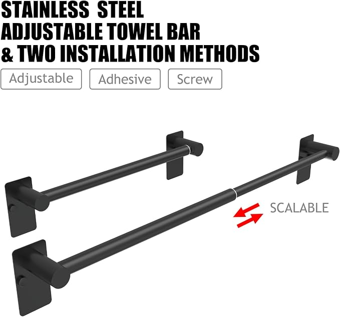 Adjustable Towel Bar, 16.7inch to 28.5inch Towel Racks for Bathroom, Self Adhesive Towel Rack Wall Mounted, 304 Stainless Steel Stick on Bathroom Towel Rod (Matte Black, 2 Pack)