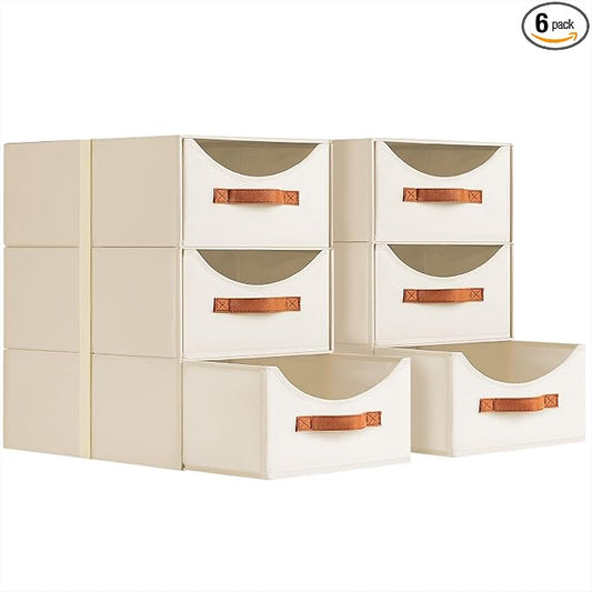 Homsorout Large Closet Storage Bins with Drawer, Fabric Bins for Organization, Collapsible Storage Drawers Organizer for Bedroom, Living Room, 6 Pack, Beige