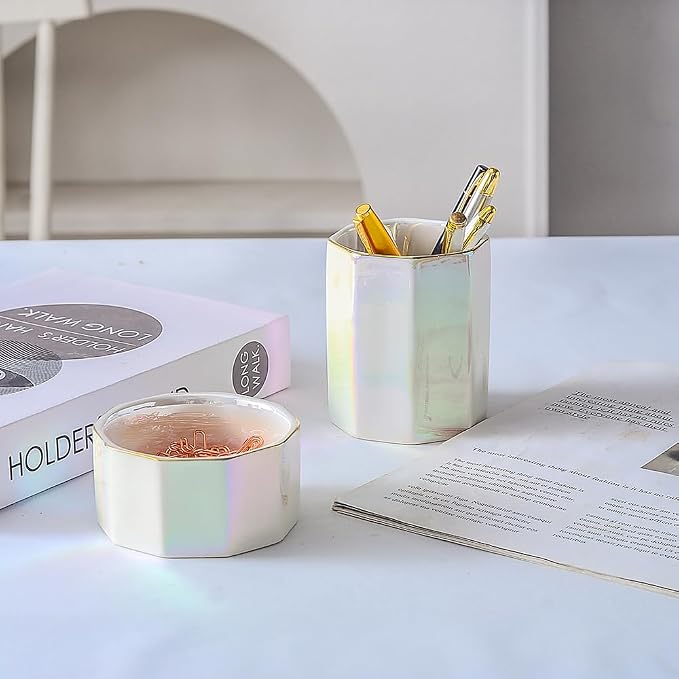 Desk Organizer Set of 2 For Office, Iridescence Pen Holder and Paper Clip Holder, Ceramic Cute Pencil Cup, Paper Clip Dispenser for Desktop, Makeup Brush Holder (Pearl)