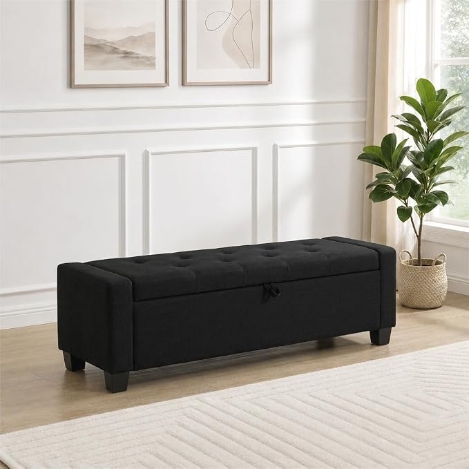 Huatean Home 43" Ottoman with Storage, Black Storage Ottoman Bench | Upholstered Entryway Bench with Seating for Bedroom, Living Room with Safety Hinge, Holds up to 330 lb