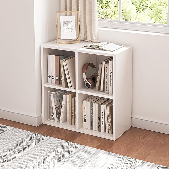 NELYE 4 Cube Organizer Bookcase White Open Shelf | Suitable for 11-inch Fabric Storage Bins, Simple Compartments Bookshelf, Holds 20 Lbs per Cube