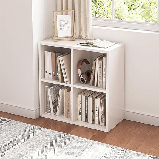 NELYE 4 Cube Organizer Bookcase White Open Shelf | Suitable for 11-inch Fabric Storage Bins, Simple Compartments Bookshelf, Holds 20 Lbs per Cube