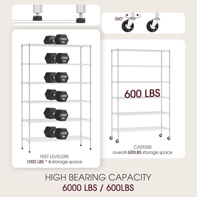 BestOffice NSF Wire Shelving Unit 6Shelf Large Storage Shelves Heavy Duty Metal Wire Rack Shelving Height Adjustable Commercial Grade Utility Steel Storage Rack Casters 6000LB Capacity-18x48x77,Chrome