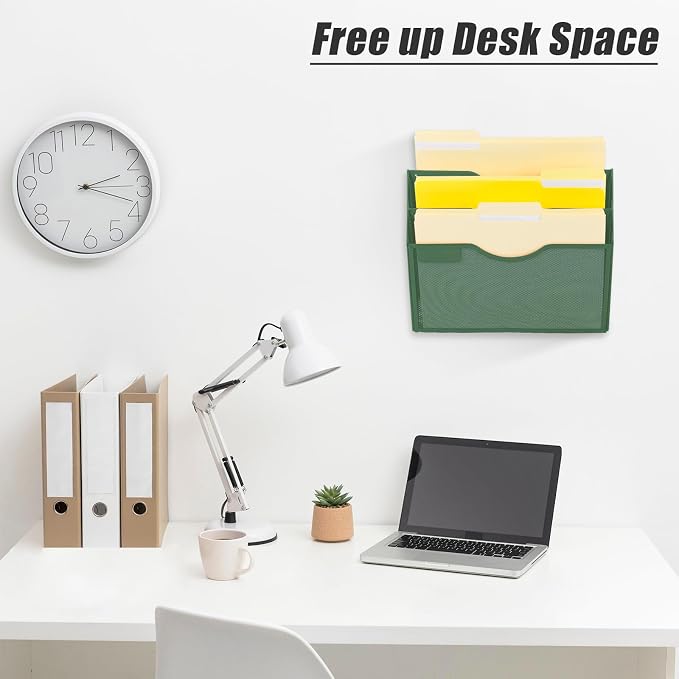 EASEPRES 3 Pocket Mesh Hanging Wall File Organizer, Wall Mounted Mail Paper Document Folder Holder, Clipboard Storage Organization Magazine Rack with Nametag Label for Office Home School, Dark Green