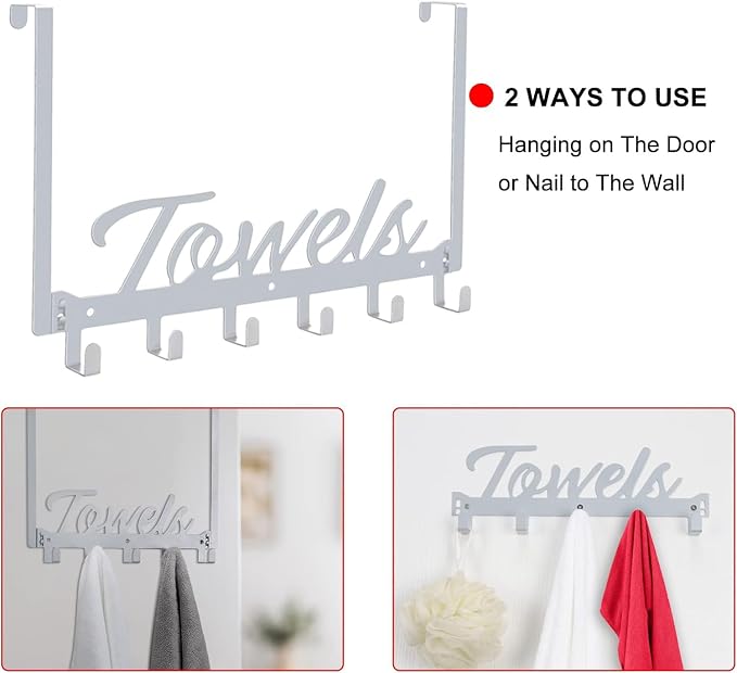Azmoncy Over The Door Hooks, Towel Rack for Bathroom Towel Holder for Hanging Heavy Duty, Wall Mount Towel Hanger with 6 Hooks for Bedroom Bathroom Kitchen Towels, Bag, Coats, Hats - Silver