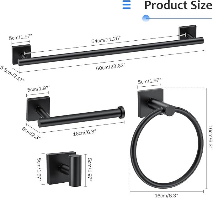 5 Pieces Bathroom Hardware Accessories Set Matte Black Towel Bar Set Stainless Steel Wall-Mounted Towel Holder 23.6 Inch Towel Racks for Bathroom