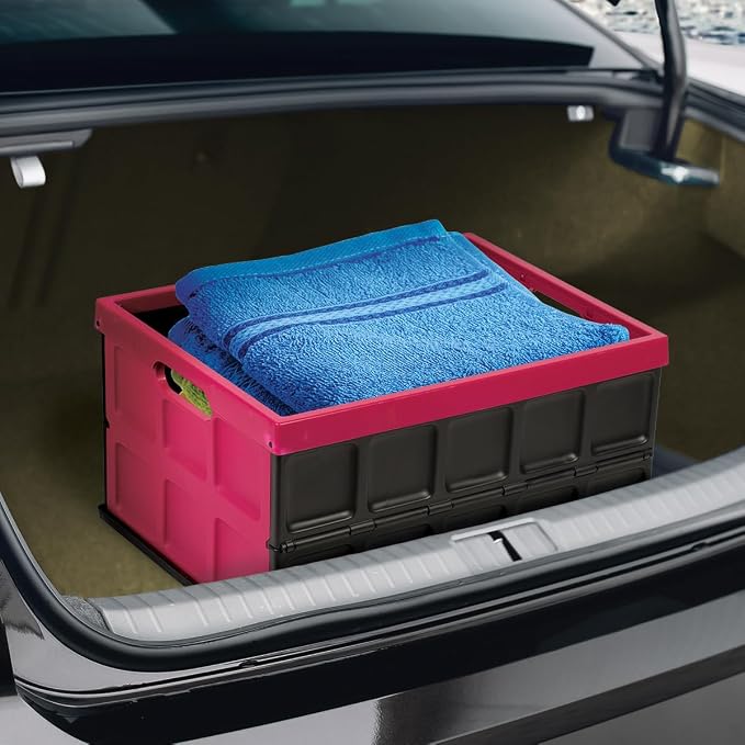 Glad Collapsible Storage Bin with Lid - 48L Foldable Plastic Box for Garage, Car Trunk, and Organization - Stackable Lidded Container with Handles, Purple
