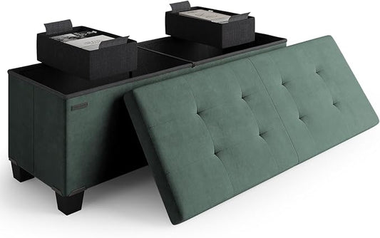 Storage Ottoman Bench with Bins, 43-in Storage Bench for Bedroom End of Bed, Folding Foot Rest Ottoman for Living Room Max 660lbs, Velvet Ottomans, Green