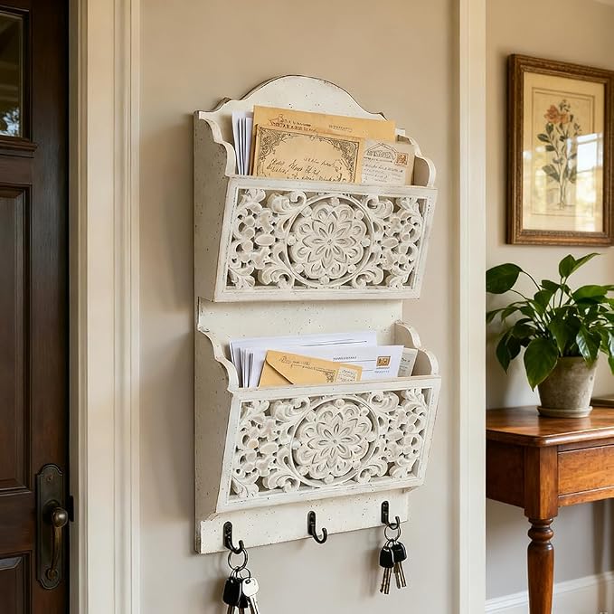 Rustic Key and Mail Holder for Wall Home Decorative,2-Slot Mail Organizer Wall Mount with 3 Hooks, Wooden Key Hangers Wall File Organizer Letter Sorter for Letter Magazines（White）