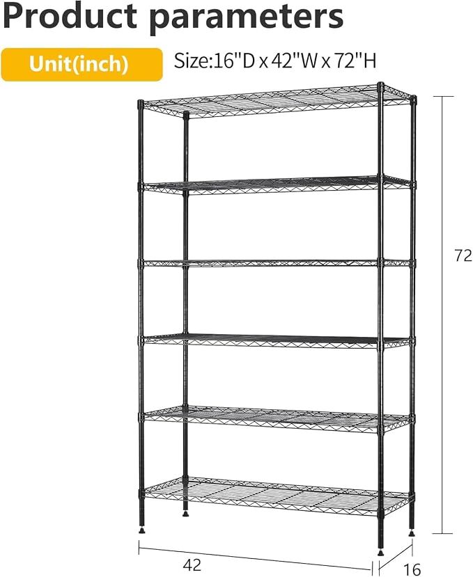 BestOffice | 6-Tier Wire Shelf | 42" x 16" x 72" | Black | Storage Shelves with Adjustable Racks, Holds upto 1500 lbs | Rust-Resistant, No-Tool Assembly | For Home, Garage