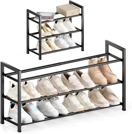 Bumusty 3 Tier Expandable Shoe Rack for Closet, Black | 18"-33" Adjustable Shoe Rack for Entryway, Small Shoe Organizer for Dorm, Front Door, Sturdy Metal