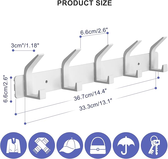 Coat Rack Wall Mounted,5 Coat Hooks for Hanging Coats,Heavy Duty Metal Double Hook Rack Hook Rail,Coat Rack with Hooks,Wall Mount Coat Hanger for Hat Towel Purse Robes,2Pack (White, 5 Hooks)