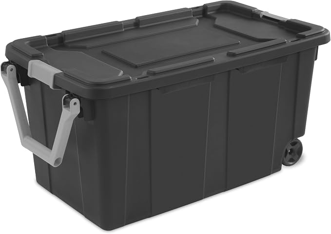 40 Gallon Heavy-Duty Rolling Storage Bins 2-Pack, Dark Gray Industrial Plastic with Pivot Handle, Leakproof Lid & Latches, for Garage Warehouse Equipment Transport & Storage