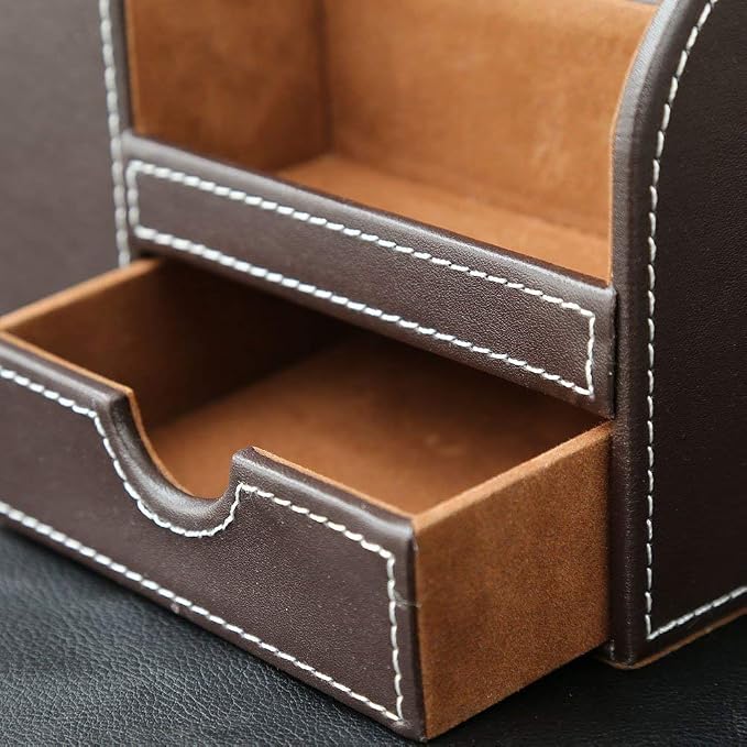 Desk Organizer Office Supplies Caddy Pu Leather Multi-function Storage Box Pen/Pencil,Cell phone, Business Name Cards Remote Control Holder with Small Drawer Brown