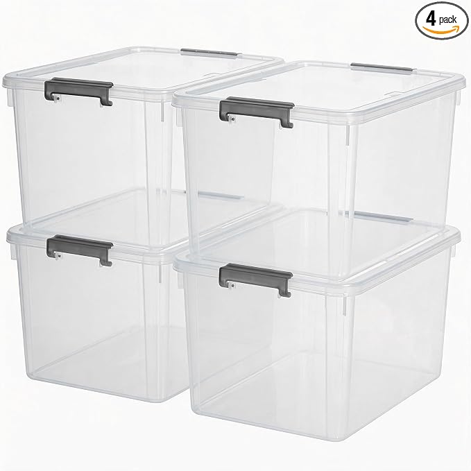 Citylife 44.4 QT Plastic Storage Bins with Latching Lids Stackable Storage Containers for Organizing Large Clear Storage Box for Garage, Closet, Kitchen, 4 Packs