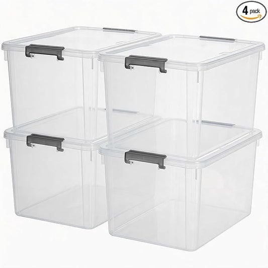 Citylife 44.4 QT Plastic Storage Bins with Latching Lids Stackable Storage Containers for Organizing Large Clear Storage Box for Garage, Closet, Kitchen, 4 Packs