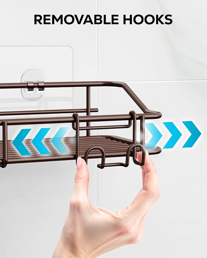 Nieifi Shower Caddy Shelf Storage Rack Adhesive Without Drilling Stainless Steel with Hooks for Washroom, Lavatory, Restroom, Toilet, Bathroom, Kitchen - 2 Pack Bronze