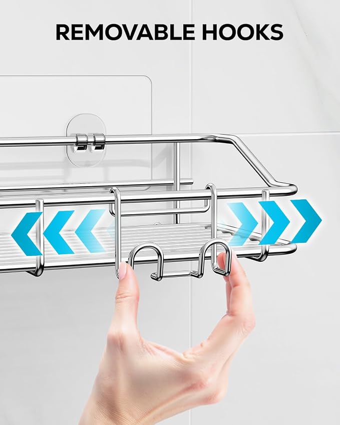 Nieifi Shower Caddy Shelf with Hooks Storage Rack Organizer Adhesive Stainless Steel without Drilling for Bathroom, Lavatory, Washroom, Restroom, Shower, Toilet, Kitchen (Sliver, 4 Pack)
