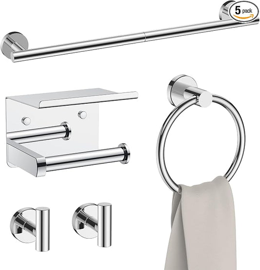 FORIOUS Bathroom Accessories, 5-Piece Bathroom Hardware Set - 24" Towel Bar | Chrome | Towel Hooks, Towel Racks for Bathroom, Toilet Paper Holder With Shelf & Towel Ring | SUS304 Stainless Steel