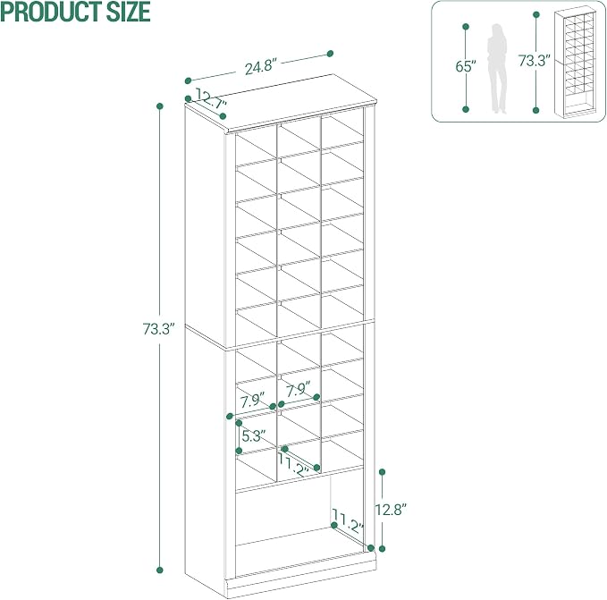 Hzuaneri 11 Tiers Shoe Storage Cabinet, Tall Shoes Cabinet with Cubby | Freestanding Wooden Shoe Organizer, 30-33 Pairs, Shoes Cubby Organizer for Entryway, Bedroom, Black SR02004X